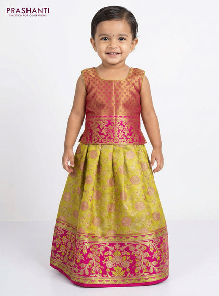 Pure silk tissue unstitched kids lehenga lime green and magenta pink with allover zari woven brocade weaves and rich zari woven border