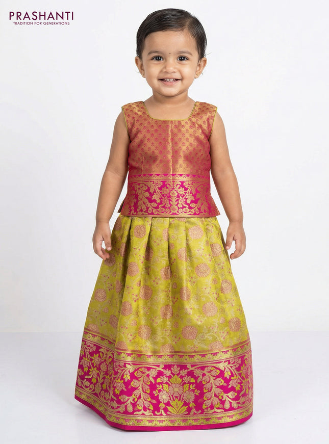 Pure silk tissue unstitched kids lehenga lime green and magenta pink with allover zari woven brocade weaves and rich zari woven border
