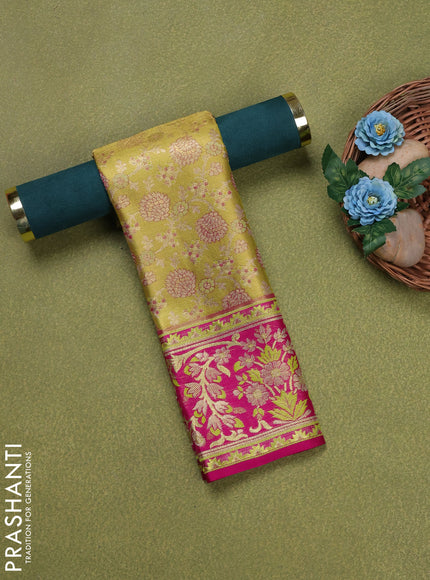 Pure silk tissue unstitched kids lehenga lime green and magenta pink with allover zari woven brocade weaves and rich zari woven border