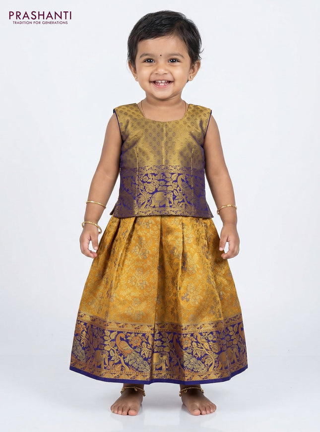 Pure silk tissue unstitched kids lehenga orange and violet with allover zari woven brocade weaves and rich zari woven border