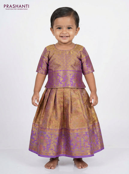 Pure silk tissue unstitched kids lehenga dual shade of peach pink and lavender with allover zari woven brocade weaves and rich zari woven border