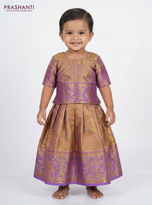 Pure silk tissue unstitched kids lehenga dual shade of peach pink and lavender with allover zari woven brocade weaves and rich zari woven border