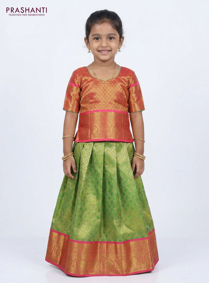 Pure silk tissue unstitched kids lehenga light green and peach pink with allover zari woven brocade weaves and rich zari woven border