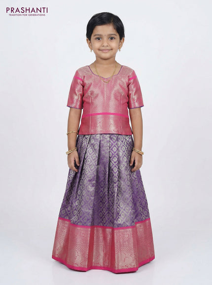 Pure silk tissue unstitched kids lehenga lavender and peach pink with allover silver zari woven brocade weaves and rich zari woven border