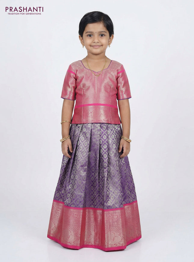 Pure silk tissue unstitched kids lehenga lavender and peach pink with allover silver zari woven brocade weaves and rich zari woven border