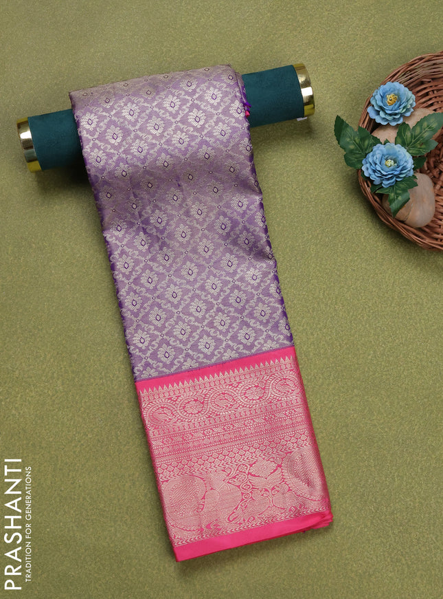 Pure silk tissue unstitched kids lehenga lavender and peach pink with allover silver zari woven brocade weaves and rich zari woven border
