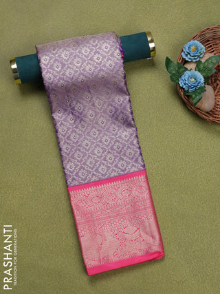 Pure silk tissue unstitched kids lehenga lavender and peach pink with allover silver zari woven brocade weaves and rich zari woven border