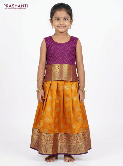 Pure silk unstitched kids lehenga dual shade of mango yellow and violet with allover silver zari woven buttas and rich zari woven border