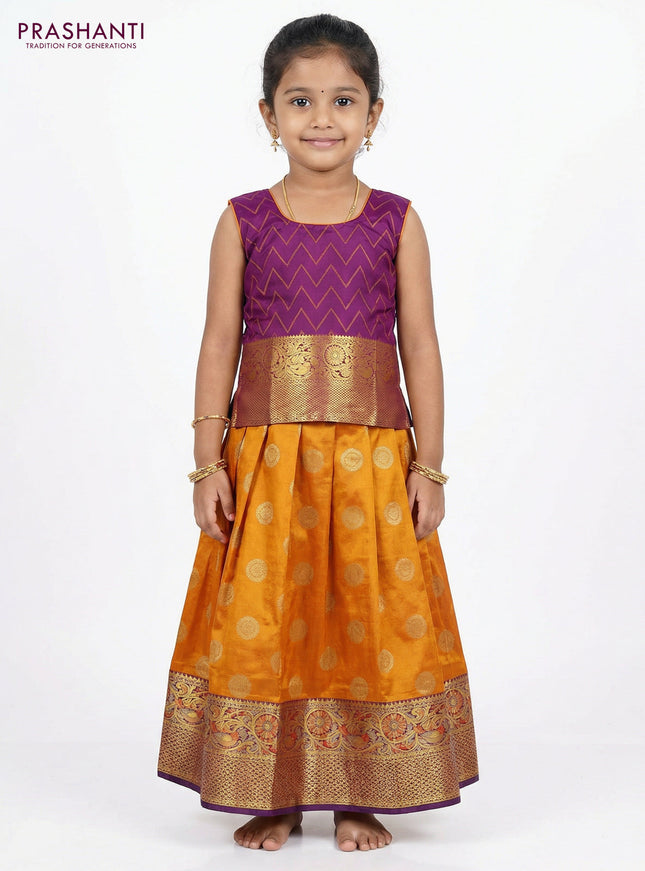 Pure silk unstitched kids lehenga dual shade of mango yellow and violet with allover silver zari woven buttas and rich zari woven border