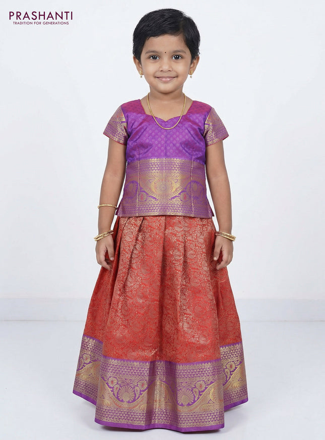 Pure silk unstitched kids lehenga peach shade and lavender with allover silver zari woven buttas and rich zari woven border