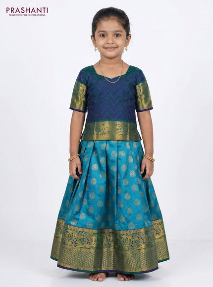 Pure silk unstitched kids lehenga teal blue and violet with allover silver zari woven buttas and rich zari woven border