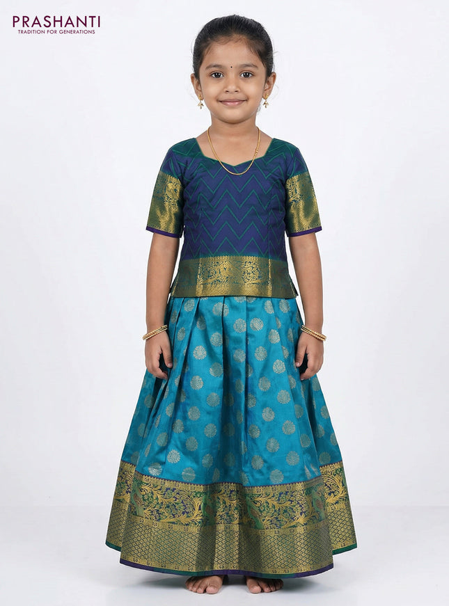 Pure silk unstitched kids lehenga teal blue and violet with allover silver zari woven buttas and rich zari woven border
