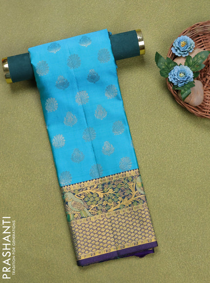 Pure silk unstitched kids lehenga teal blue and violet with allover silver zari woven buttas and rich zari woven border