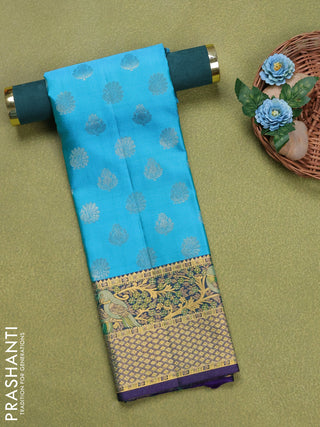Pure silk unstitched kids lehenga teal blue and violet with allover silver zari woven buttas and rich zari woven border