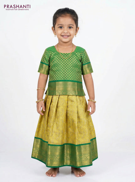 Pure silk tissue unstitched kids lehenga gold and green with allover zari woven brocade weaves and rich zari woven border