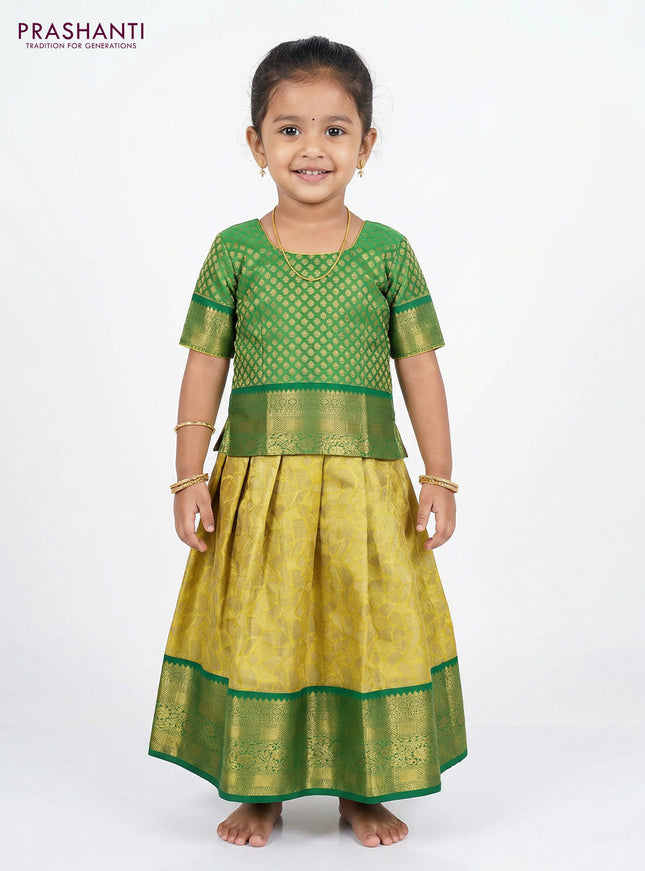 Pure silk tissue unstitched kids lehenga gold and green with allover zari woven brocade weaves and rich zari woven border