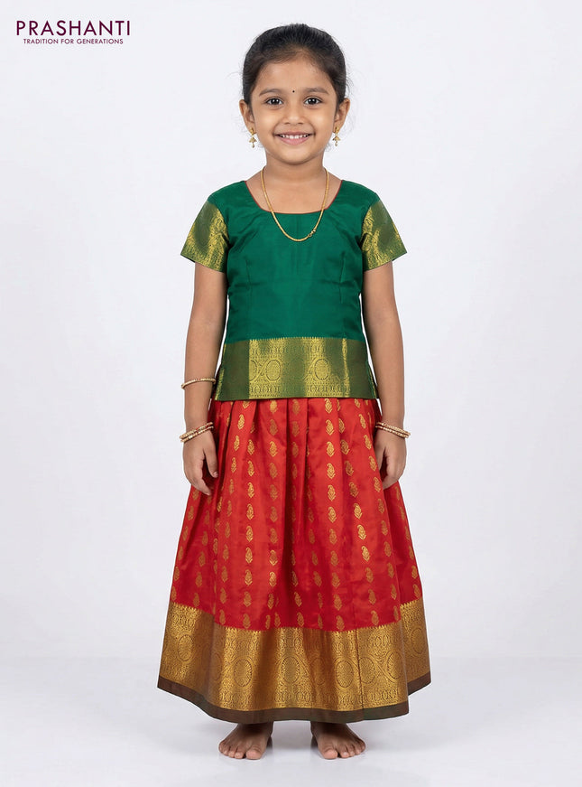 Pure silk unstitched kids lehenga red and green with allover zari woven buttas and rich zari woven border