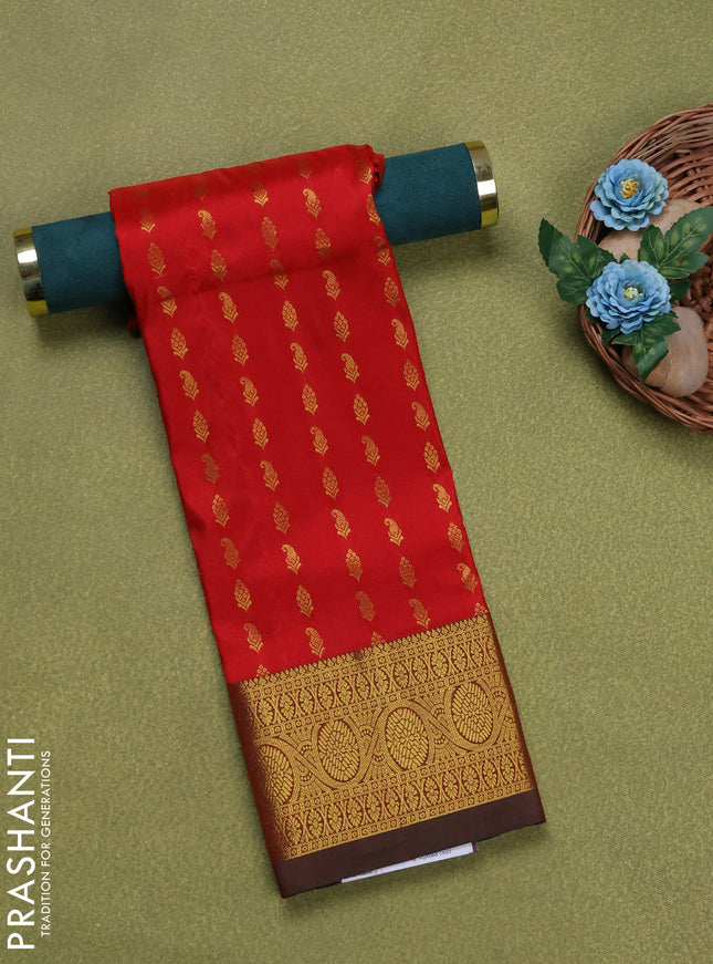 Pure silk unstitched kids lehenga red and green with allover zari woven buttas and rich zari woven border