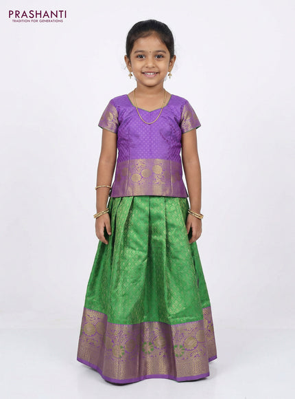 Pure silk unstitched kids lehenga green and lavender with allover silver zari woven brocade weaves and rich zari woven border