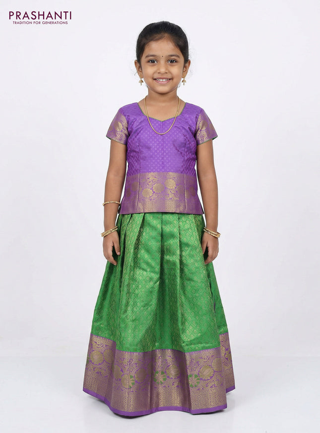 Pure silk unstitched kids lehenga green and lavender with allover silver zari woven brocade weaves and rich zari woven border