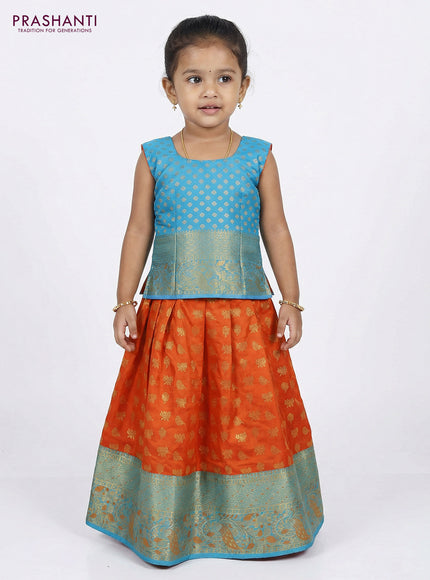 Pure silk unstitched kids lehenga orange and teal blue with allover zari woven buttas and rich zari woven border