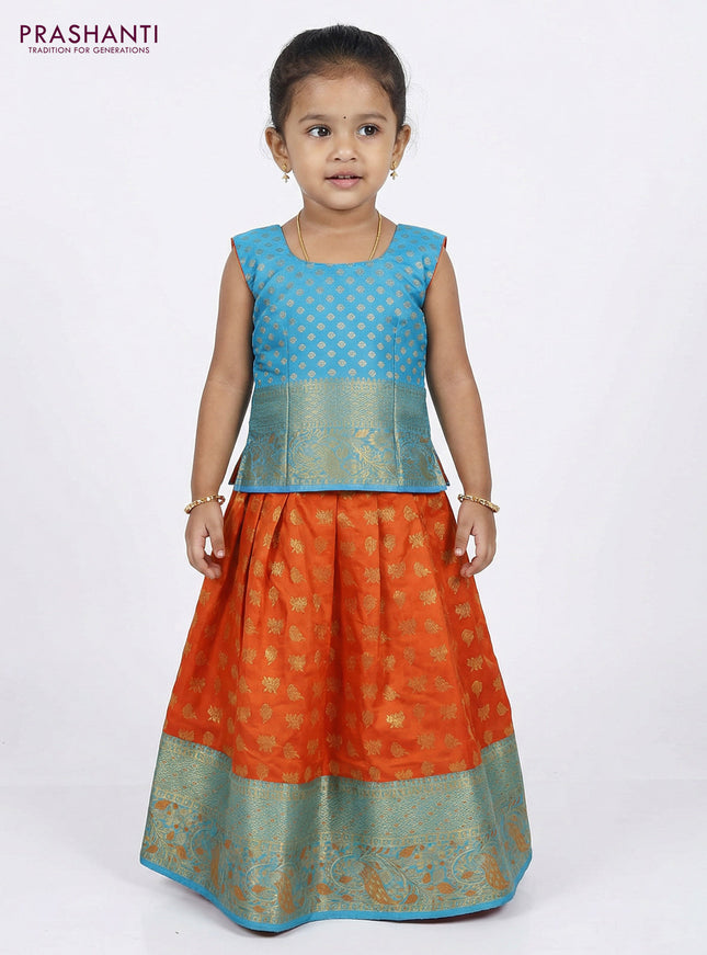 Pure silk unstitched kids lehenga orange and teal blue with allover zari woven buttas and rich zari woven border