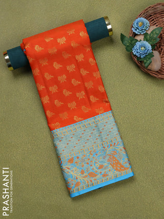 Pure silk unstitched kids lehenga orange and teal blue with allover zari woven buttas and rich zari woven border