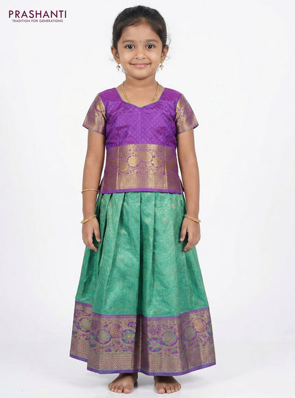 Pure silk unstitched kids lehenga teal green shade and lavender with allover silver zari woven brocade weaves and rich zari woven border