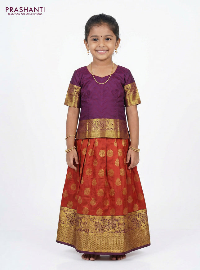 Pure silk unstitched kids lehenga rustic orange and wine shade with allover zari woven buttas and rich zari woven border