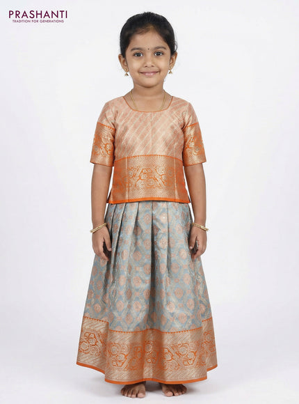 Pure silk tissue unstitched kids lehenga pastel blue and orange with allover silver zari woven brocade weaves and rich zari woven border