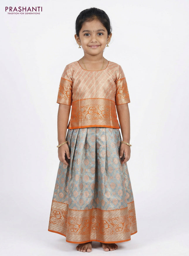 Pure silk tissue unstitched kids lehenga pastel blue and orange with allover silver zari woven brocade weaves and rich zari woven border