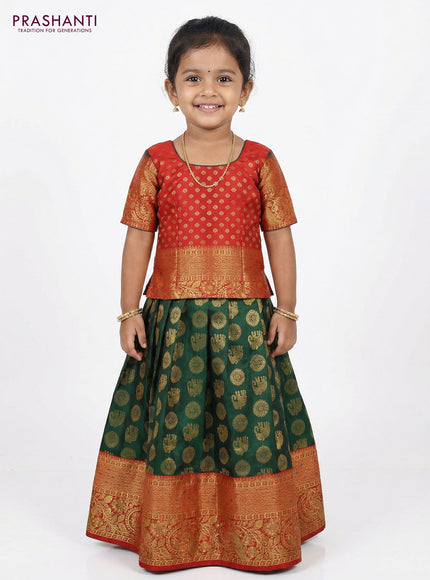 Pure silk unstitched kids lehenga green and red with allover zari woven buttas and rich zari woven border