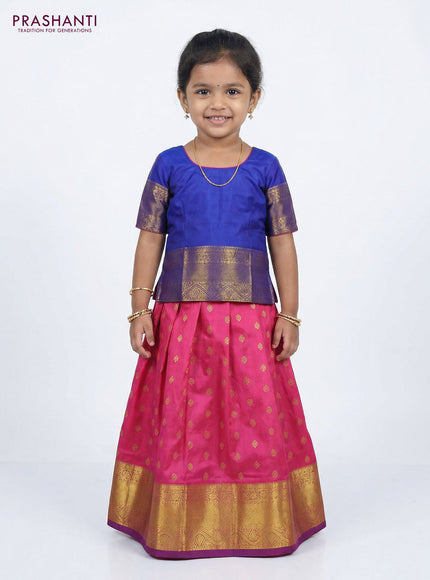Pure silk unstitched kids lehenga pink and blue with allover zari woven buttas and rich zari woven border