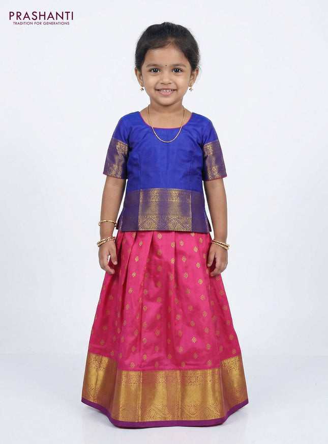 Pure silk unstitched kids lehenga pink and blue with allover zari woven buttas and rich zari woven border