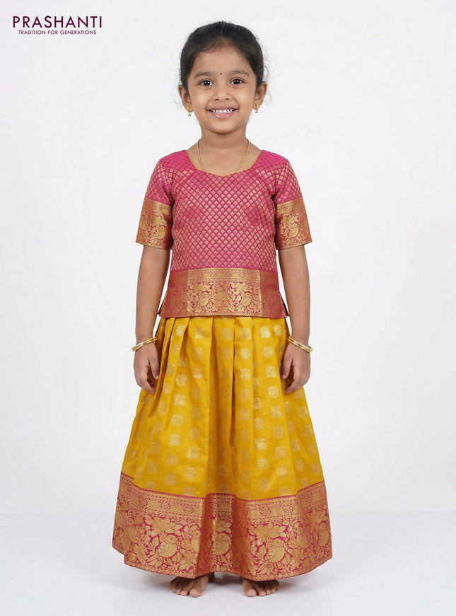 Pure silk unstitched kids lehenga yellow and magenta pink with allover silver zari woven buttas and rich zari woven border