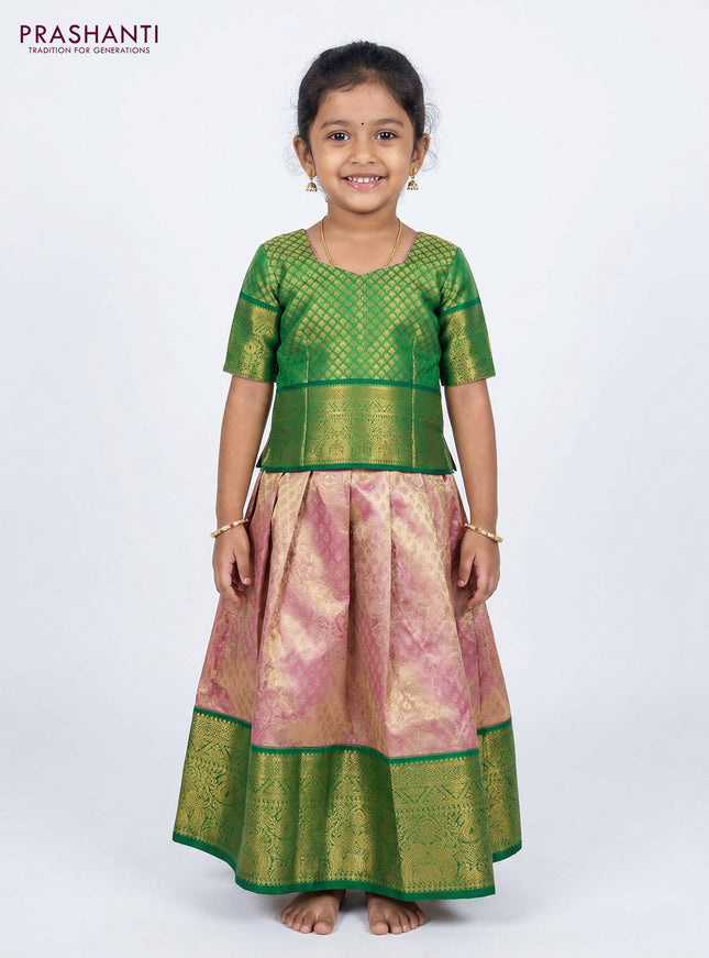 Pure silk tissue unstitched kids lehenga dual shade of baby pink and green with allover silver zari woven brocade weaves and rich zari woven border