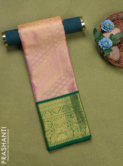 Pure silk tissue unstitched kids lehenga dual shade of baby pink and green with allover silver zari woven brocade weaves and rich zari woven border