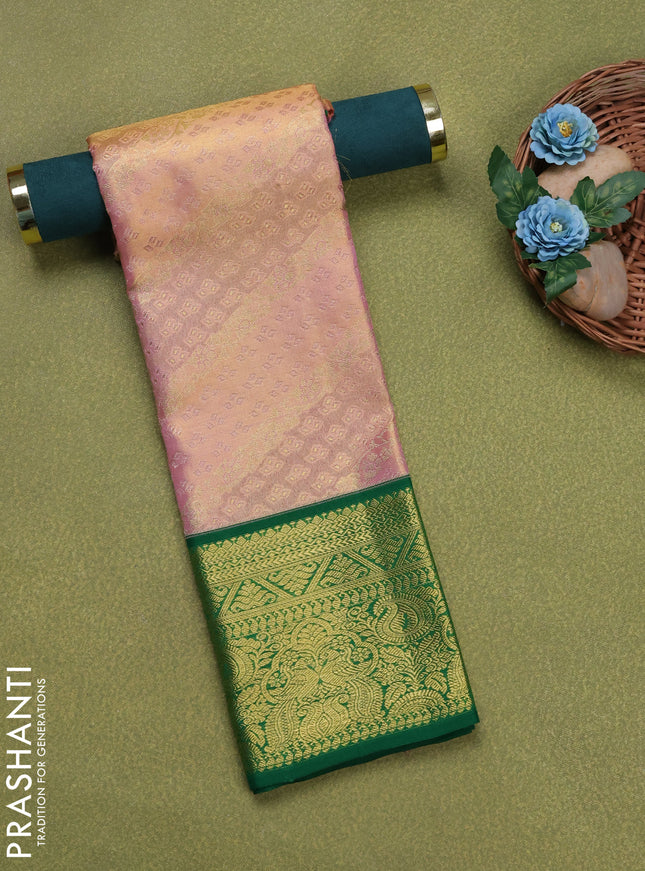 Pure silk tissue unstitched kids lehenga dual shade of baby pink and green with allover silver zari woven brocade weaves and rich zari woven border