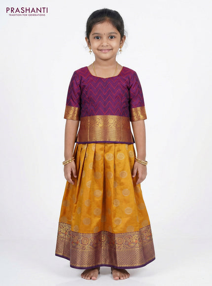 Pure silk unstitched kids lehenga mango yellow and violet with silver zari woven buttas and rich zari woven border