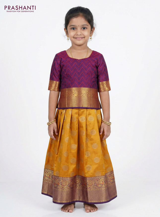 Pure silk unstitched kids lehenga mango yellow and violet with silver zari woven buttas and rich zari woven border