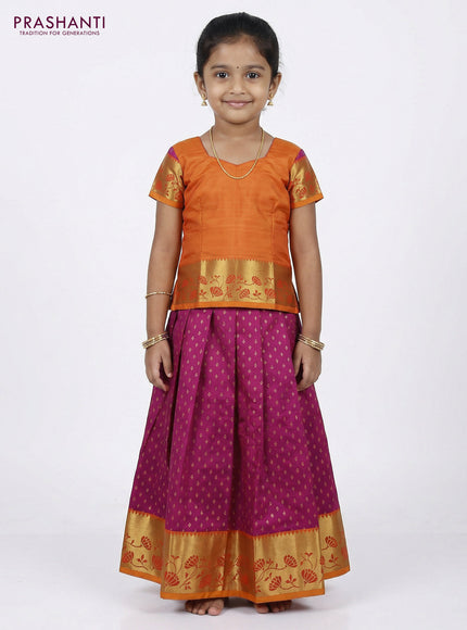 Pure silk unstitched kids lehenga dual shade of purple and sunset orange with allover zari woven buttas and rich zari woven border