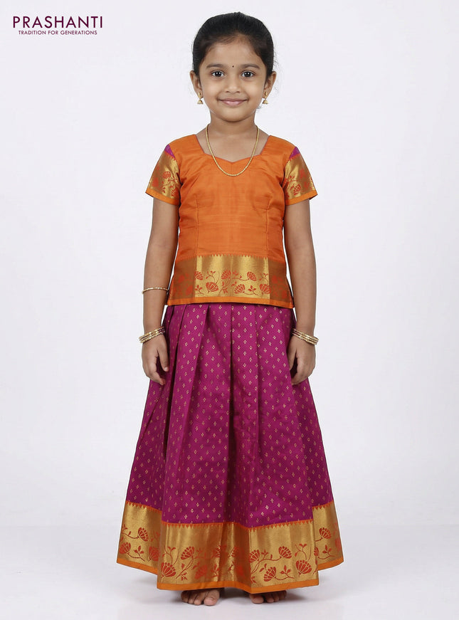Pure silk unstitched kids lehenga dual shade of purple and sunset orange with allover zari woven buttas and rich zari woven border