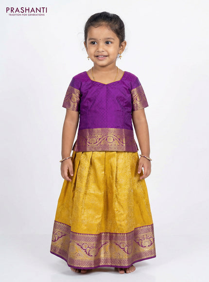 Pure silk unstitched kids lehenga yellow and purple with allover silver zari woven brocade weaves and rich zari woven border