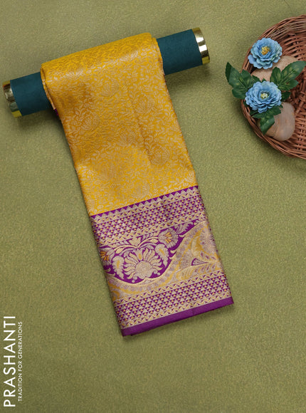 Pure silk unstitched kids lehenga yellow and purple with allover silver zari woven brocade weaves and rich zari woven border