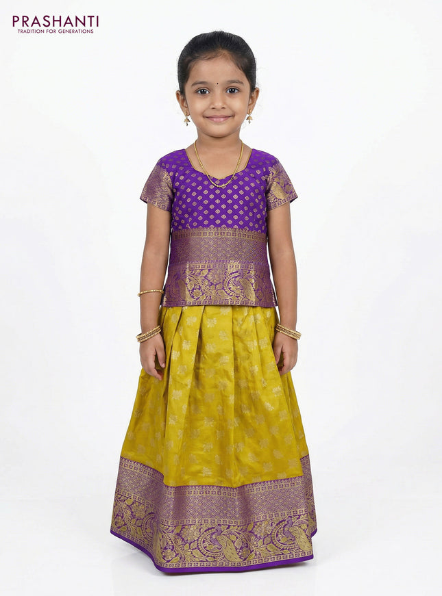 Pure silk unstitched kids lehenga mustard yellow and violet with allover zari woven buttas and rich zari woven border