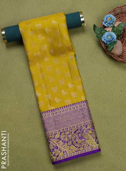 Pure silk unstitched kids lehenga mustard yellow and violet with allover zari woven buttas and rich zari woven border
