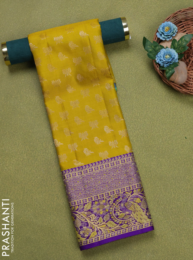 Pure silk unstitched kids lehenga mustard yellow and violet with allover zari woven buttas and rich zari woven border