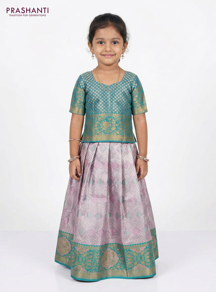 Pure silk tissue unstitched kids lehenga baby pink and teal green with allover silver zari woven brocade weaves and rich zari woven border