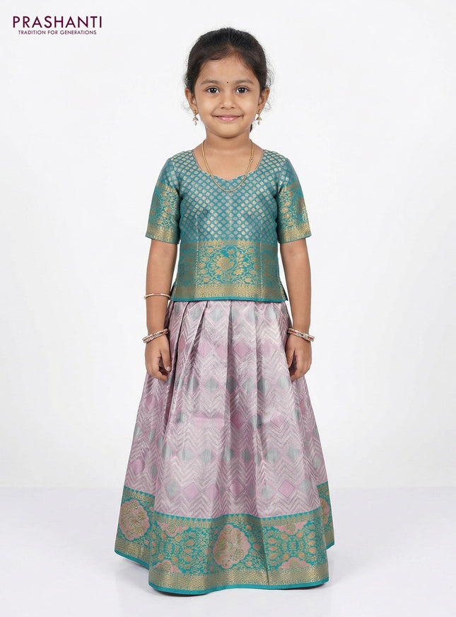 Pure silk tissue unstitched kids lehenga baby pink and teal green with allover silver zari woven brocade weaves and rich zari woven border
