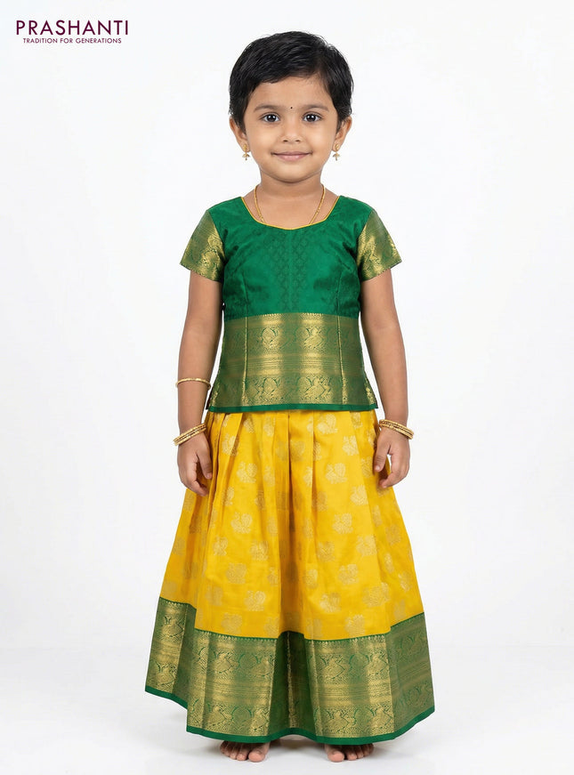 Pure silk unstitched kids lehenga yellow and green with allover silver zari woven annam buttas and rich zari woven border